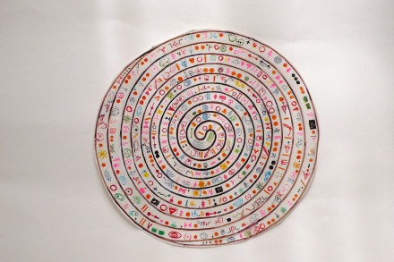 Bernard Quentin, Dessin préparatoire pour une toile spirale en "Quentin-Babelweb", acrylique sur toile, 2 mètres de diamètre.
