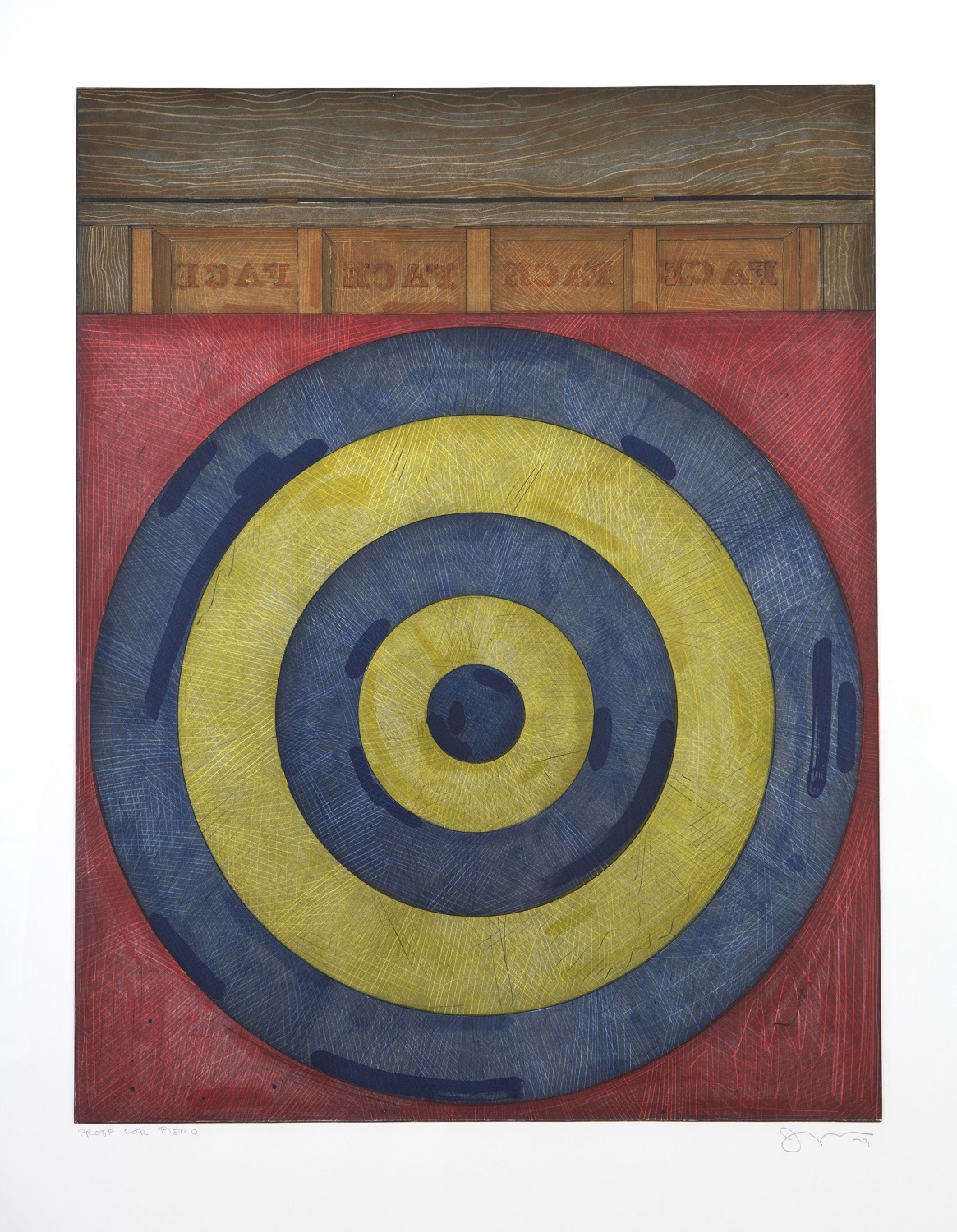 Jasper Johns, Target with four faces, 1979 Eau-forte et aquatunte en couleurs Epreuvé datée, signée et dédicacée à Piero Crommelynck «Proof for Piero». Atelier A. et P. Crommelynck 76,2 x 55,9 cm © Jasper Johns / ADAGP, Paris, 2014